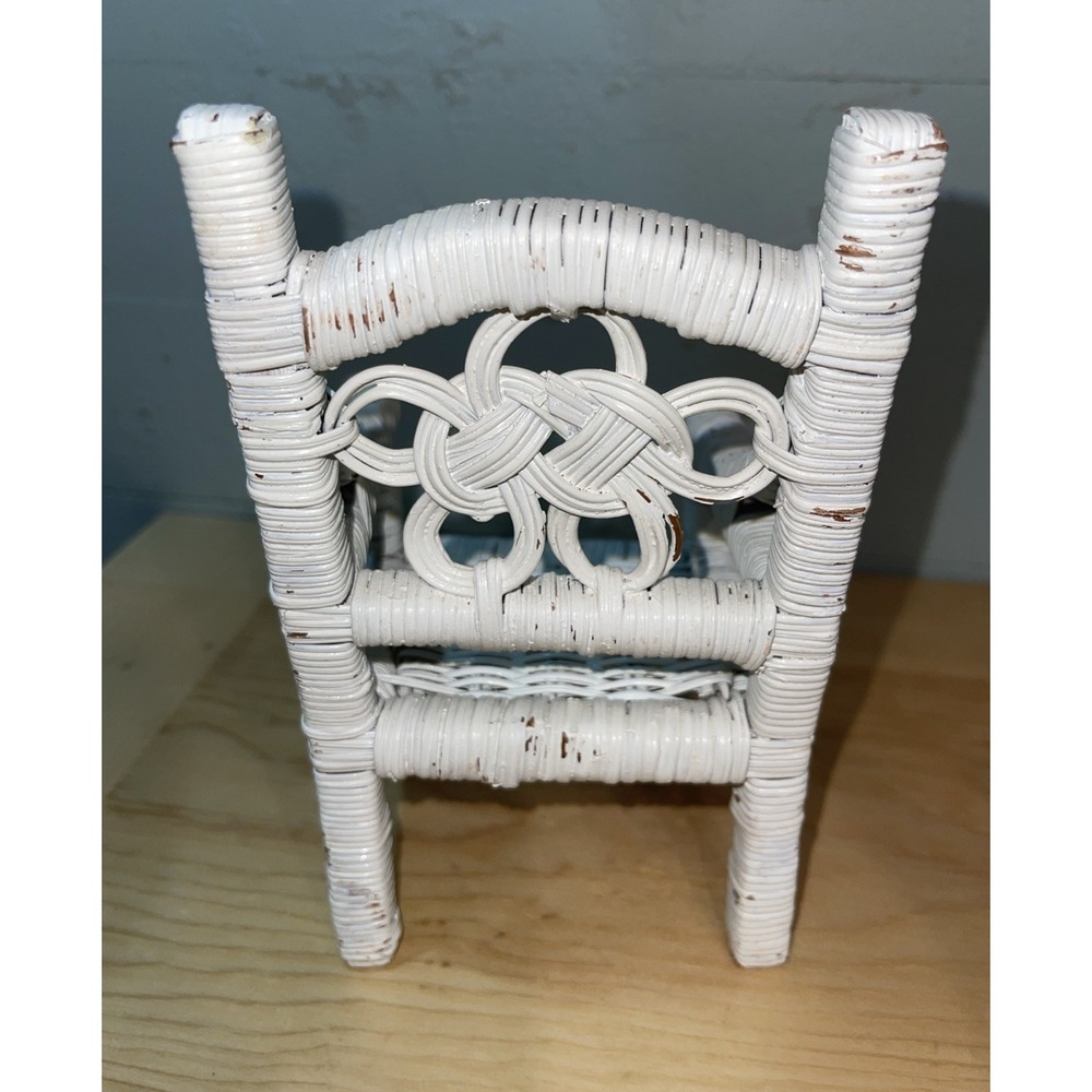 Vintage White Wicker Doll Chair, Stuffed Animal Chair Plant Stand Boho Shabby 7" - Picture 4 of 8